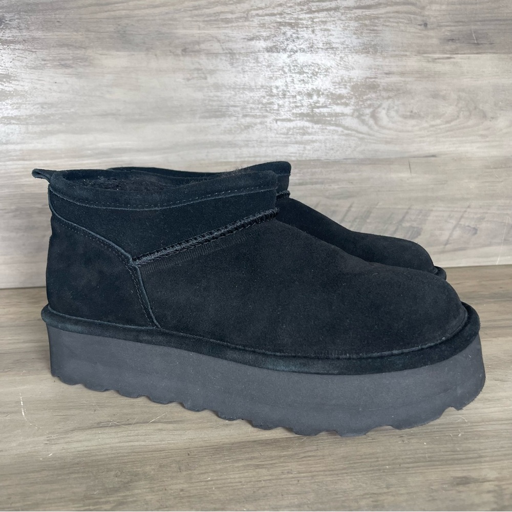 Bearpaw Womens 9 Black Retro Platform Super Shorty Suede Pull On Fur Booties